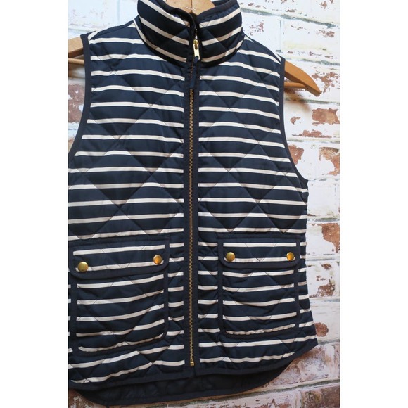 J.Crew Excursion Quilted Down Feather Gold Button Navy & White Stripe Vest - Picture 5 of 8